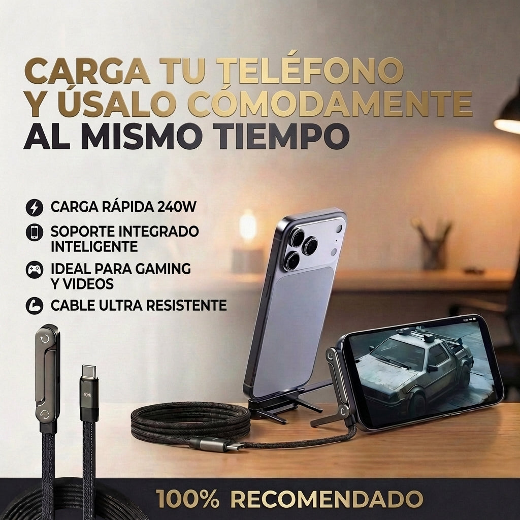 CABLE DE CARGA RÁPIDA HASTA 240 W CON SOPORTE PARA TELÉFONO INTEGRADO - STANDIX™