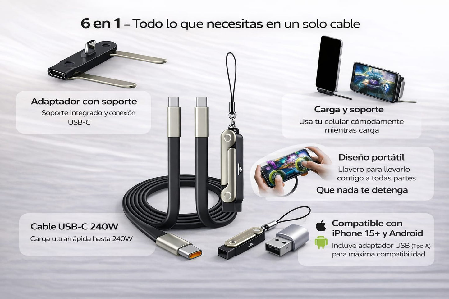 CABLE DE CARGA ULTRA RÁPIDA HASTA 240W CON SOPORTE DESMONTABLE STANDIX PRO