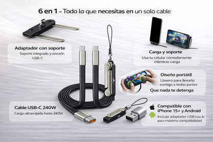 CABLE DE CARGA ULTRA RÁPIDA HASTA 240W CON SOPORTE DESMONTABLE STANDIX PRO